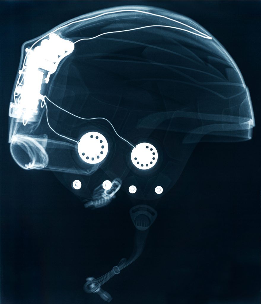 x-ray helmet with audio cables inside radiograph