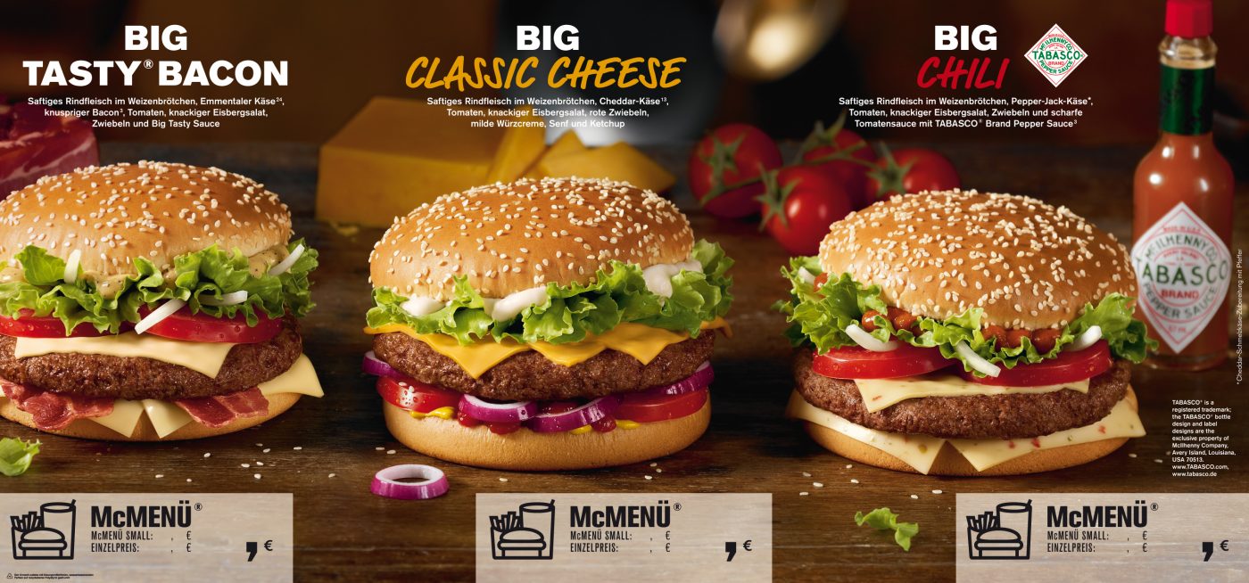 Big Tasty Variations Fast Food Advertising wooden surrounding cheese salad tomatos