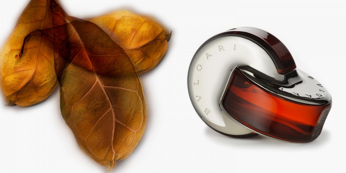 bulgari parfümflacons mit herbstlichen blättern als collage für frauenmagazin cosmopolitan münchen