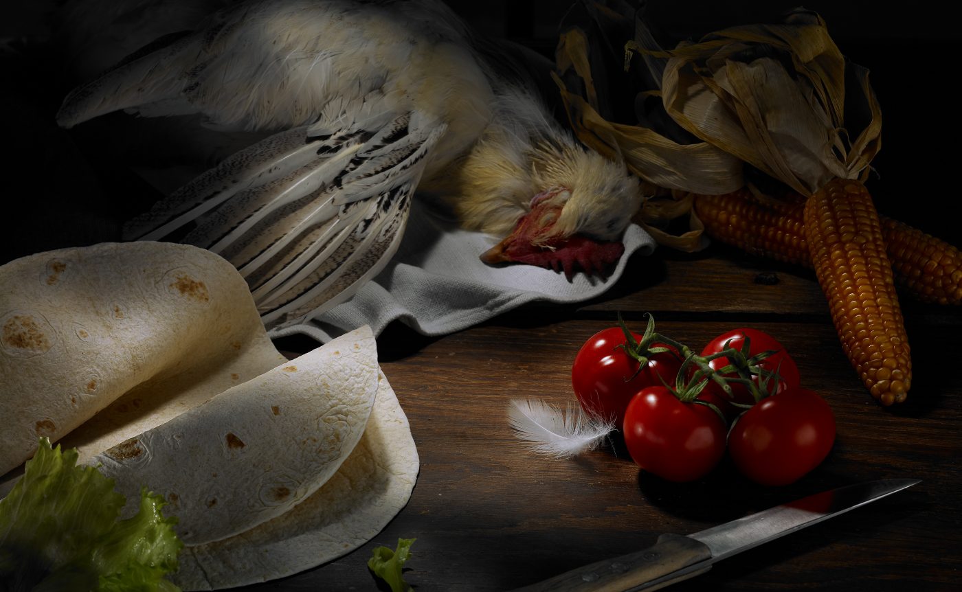 fastfood wrap zutaten liegen auf altem Holzuntergrund. Tomaten Mais totes Huhn Salat Messer Feder. Die Bildanmutung des Fotos wirkt als sei es ein altes Ölgemälde Werbefotografie