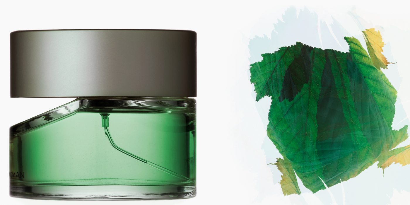 grünes parfümflacons mit grünen blättern als collage für frauenmagazin cosmopolitan münchen