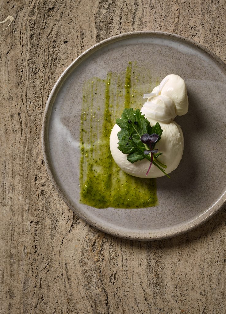Japanisches Foodstyling burrata mit kohlrabiblaettern auf steinuntergrund getöpferter teller vogelperspektive overhead