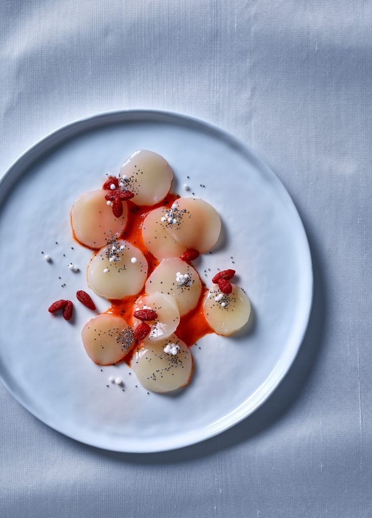 Japanisches Foodstyling japan goji beeren scallop Jacobsmuschel fish fisch mohn auf weissem getöpfertem teller foodfotos