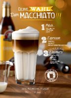 Mc Cafe Macchiato Espresso coffee Mc Cafe coffee latte Macciato with portafilter orange background wood table barista surrounding