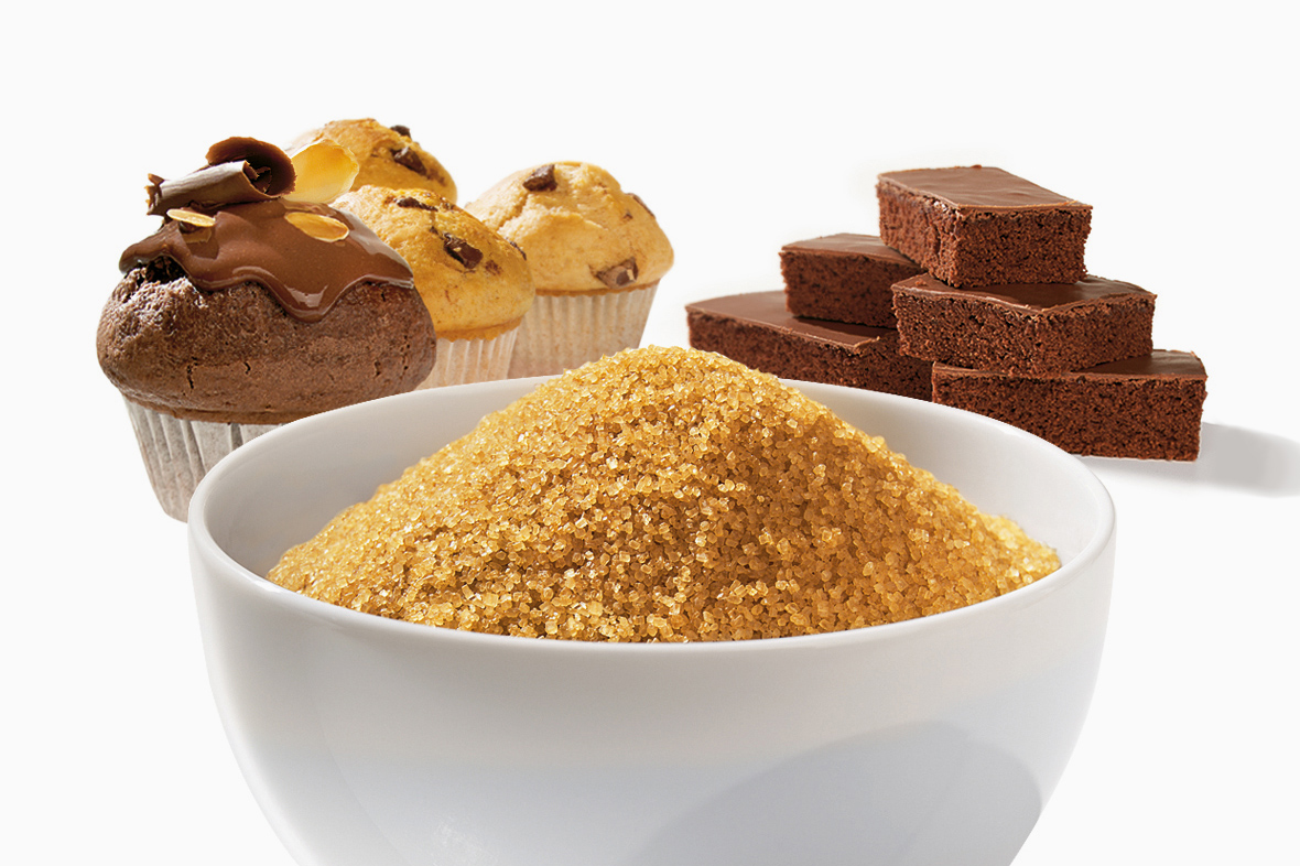 Verpackungen Packungsfotos brauner Zucker Schüssel mit braunem Zucker dahinter Schoko Muffins und Brownies Schokoglasur