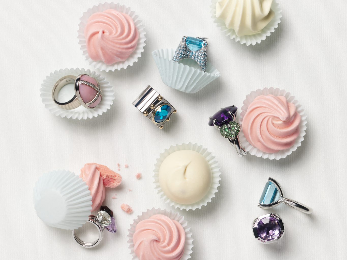 jewelry on dessert editorial shot of rings