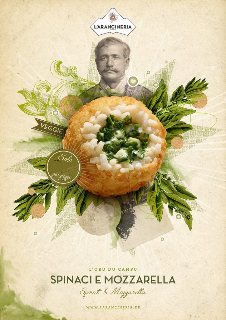 food photography of a rice balls with spinach and mozzarella vegitarian