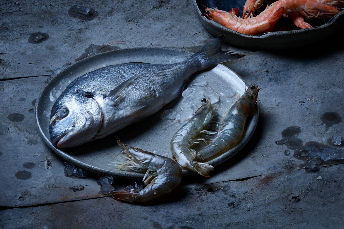 seafood Dorade und Krevetten kiegen auf zwei dunklen Tellern. Scampi einmal roh einmal gekocht. Dunkler Untergrund, dunkle Teller.