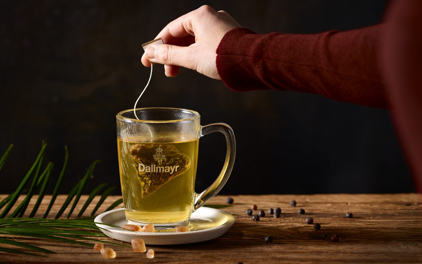 Eine Frau bereitet einen Tee zu. Sie nimmt eine Teebeutel Pyramide aus einem Teeglas.