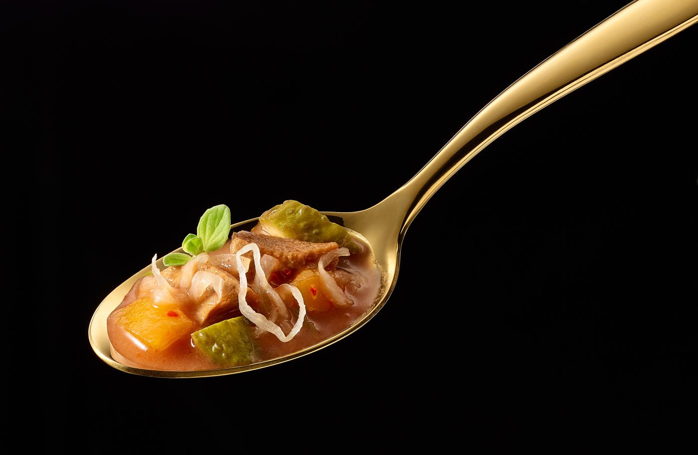 Vegan Soljanka soup on golden spoon