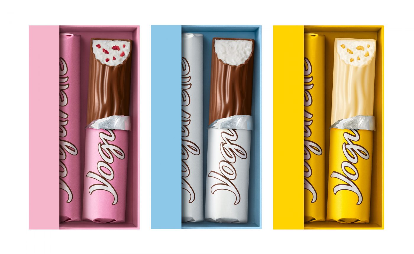 Packaging relaunch for the yogurtten chocolate packaging. Three bitten-in, wrapped chocolate bars (yogurt sensation, strawberry, passion fruit) lie in a drawer