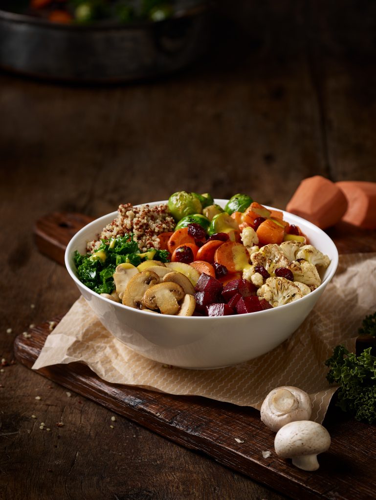 freshly prepared Roasted Root Bowl in the b.good set