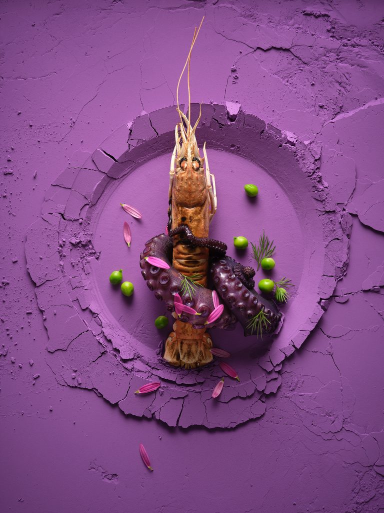 A lobster is wrapped with pulpo. Erpsen herbs and petals lie as a doco around the outside. Everything lies on a dark purple powder background