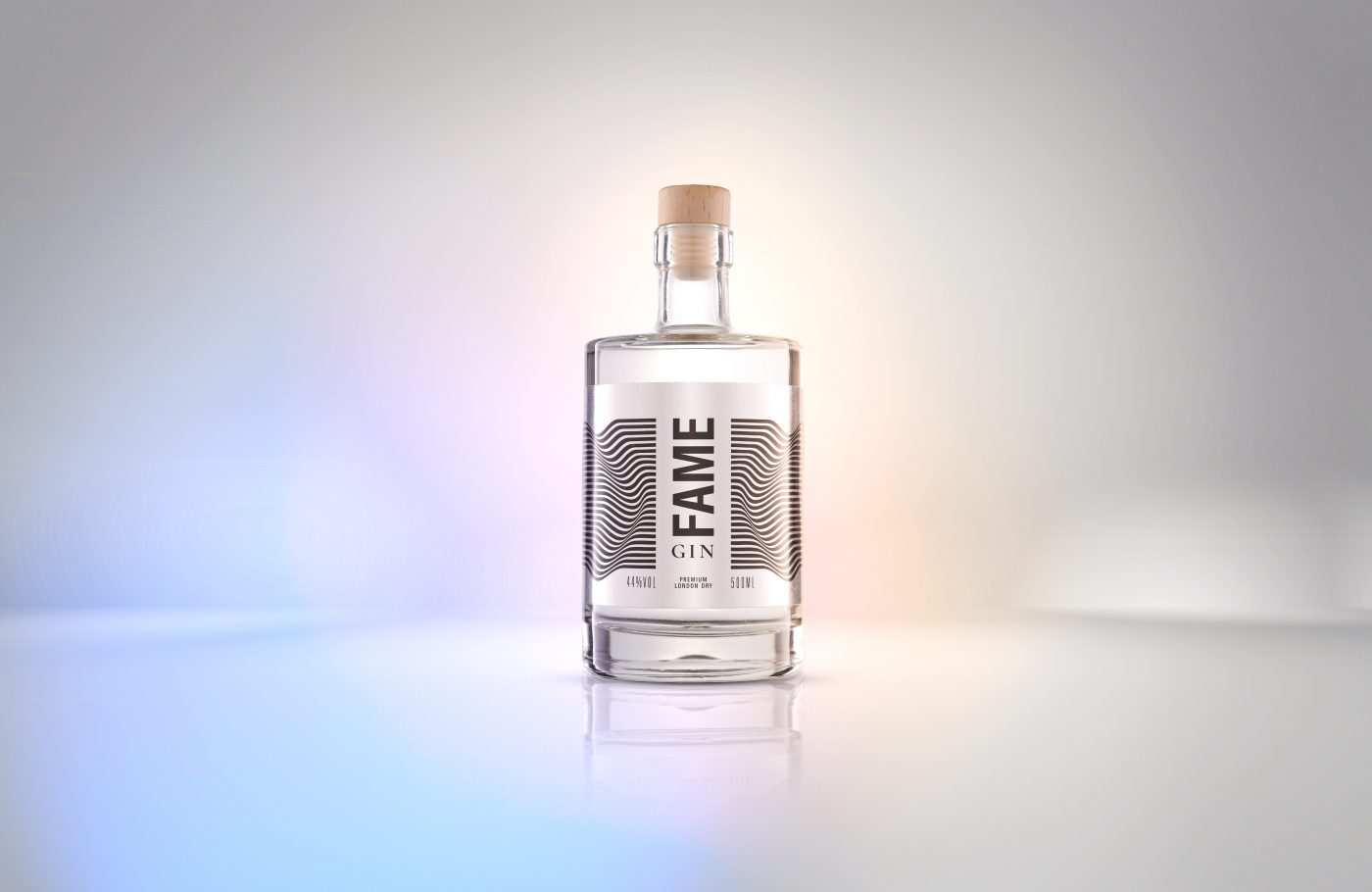eine Flasche Fame Gin steht in einer virtuellen Welt mit Regenbogenfarben.
