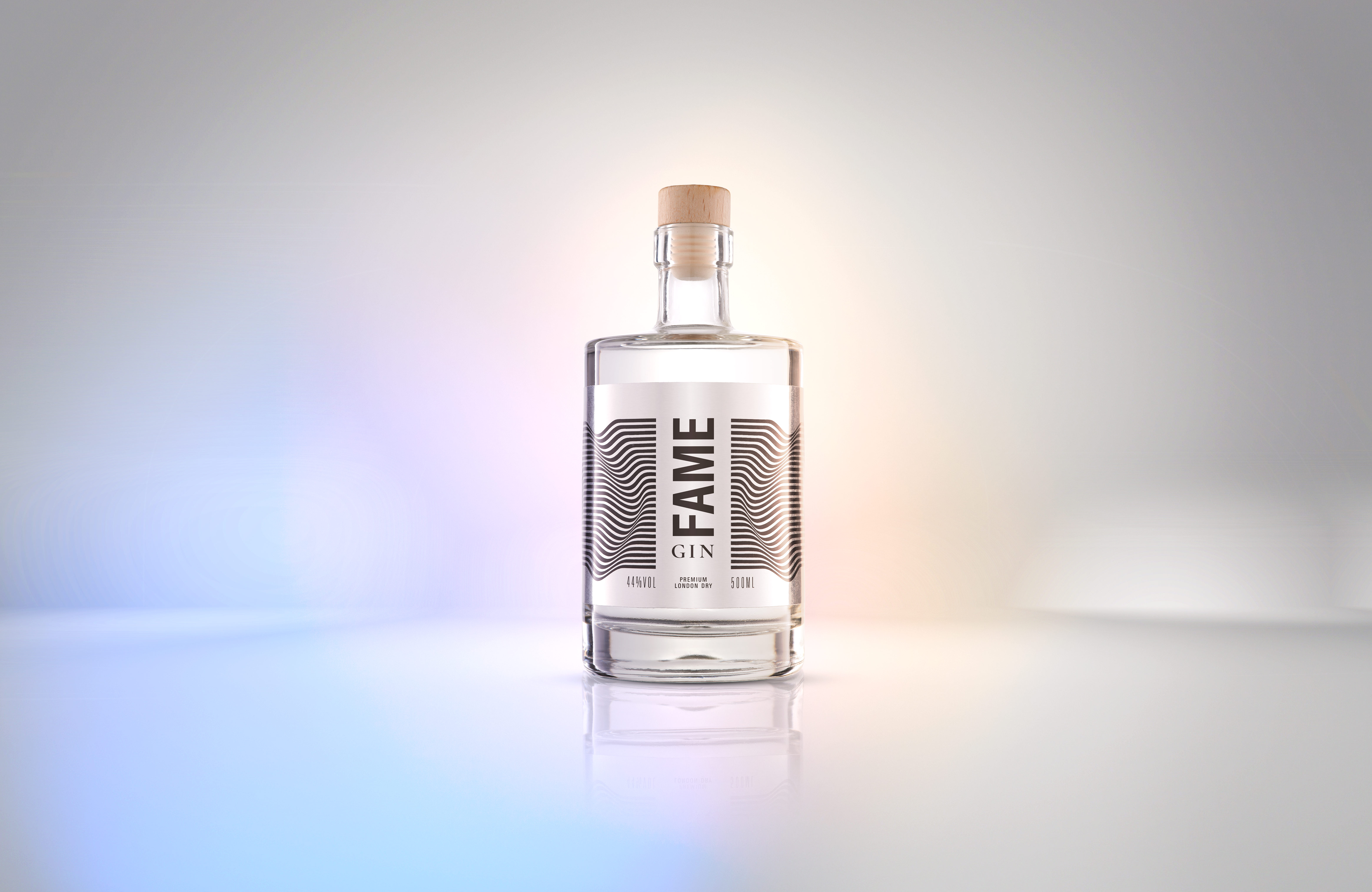 a bottle of Fame Gin stands in a virtual world with rainbow colors.